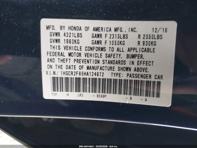 Продажа на аукционе авто 2017 Honda Accord Ex-l, vin: 1HGCR2F85HA124672, номер лота: 44414441