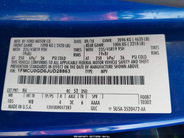 44414473 :رقم المزاد ، 1FMCU0GD6JUD28863 vin ، 2018 Ford Escape Se مزاد بيع