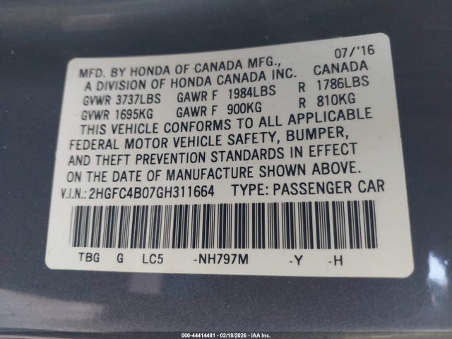 Honda Civic Lx-p 2016 2HGFC4B07GH311664 Image 9