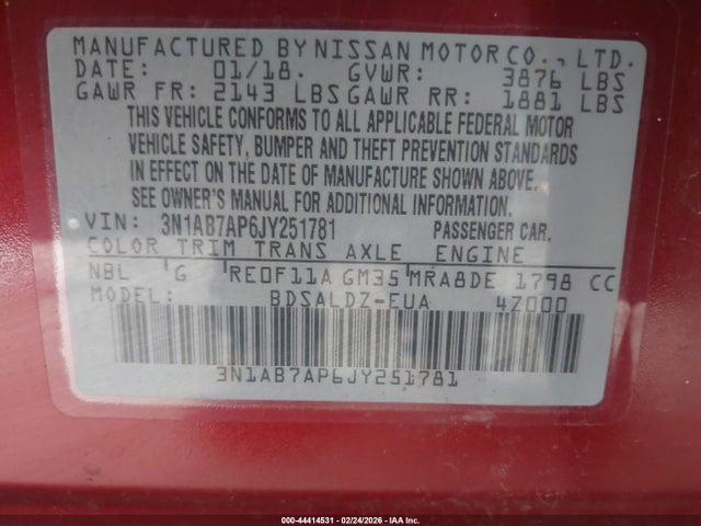 3N1AB7AP6JY251781 Nissan SENTRA SV
