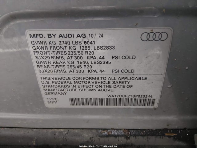 Продаж на аукціоні авто 2025 Audi Q4 Sportback E-tron Premium 55 Quattro, vin: WA12UBFZ1SP020244, номер лоту: 44414540