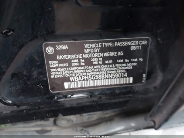 2011 Bmw 328i მანქანა იყიდება აუქციონზე, vin: WBAPH5G58BNN59014, აუქციონის ნომერი: 44414643