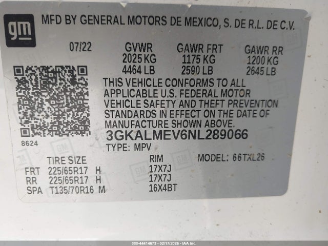 Aukcja sprzedaży 2022 Gmc Terrain Fwd Sle, vin: 3GKALMEV6NL289066, numer aukcji: 44414673