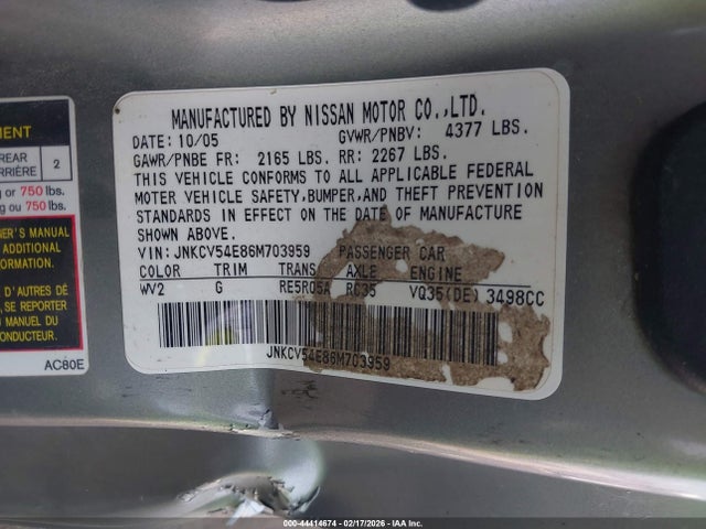 Aukcja sprzedaży 2006 Infiniti G35, vin: JNKCV54E86M703959, numer aukcji: 44414674