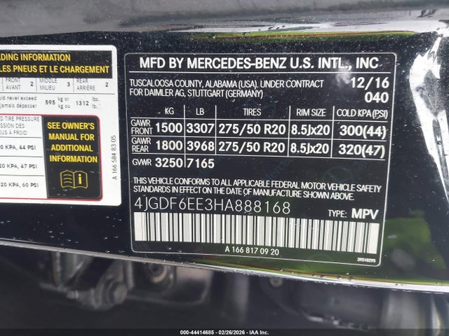 44414685 :رقم المزاد ، 4JGDF6EE3HA888168 vin ، 2017 Mercedes-benz Gls 450 4matic مزاد بيع