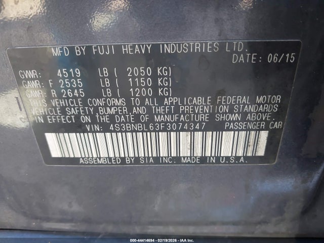 Aukcja sprzedaży 2015 Subaru Legacy 2.5i Limited, vin: 4S3BNBL63F3074347, numer aukcji: 44414694