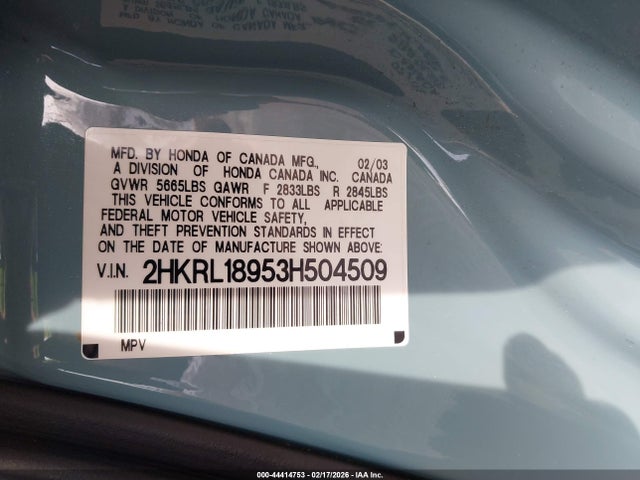 2003 Honda Odyssey Ex-l მანქანა იყიდება აუქციონზე, vin: 2HKRL18953H504509, აუქციონის ნომერი: 44414753