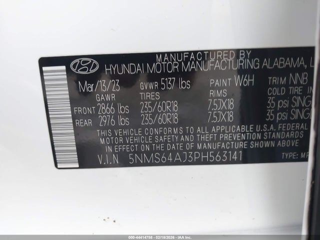 44414758 :رقم المزاد ، 5NMS64AJ3PH563141 vin ، 2023 Hyundai Santa Fe Xrt مزاد بيع