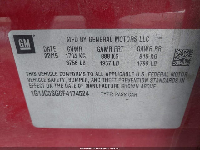 1G1JC5SG6F4174524 Chevrolet Sonic Lt Auto