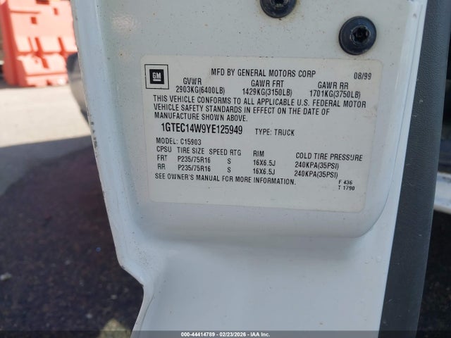 Продаж на аукціоні авто 2000 Gmc Sierra 1500 Sl, vin: 1GTEC14W9YE125949, номер лоту: 44414789