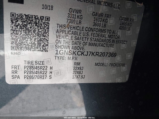 1GNSKCKJ7KR207369 Chevrolet Tahoe Premier