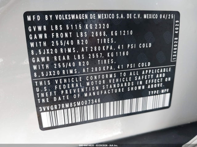 44414820 :رقم المزاد ، 3VVGR7RM8SM007346 vin ، 2025 Volkswagen Tiguan 2.0t Se R-line Black مزاد بيع