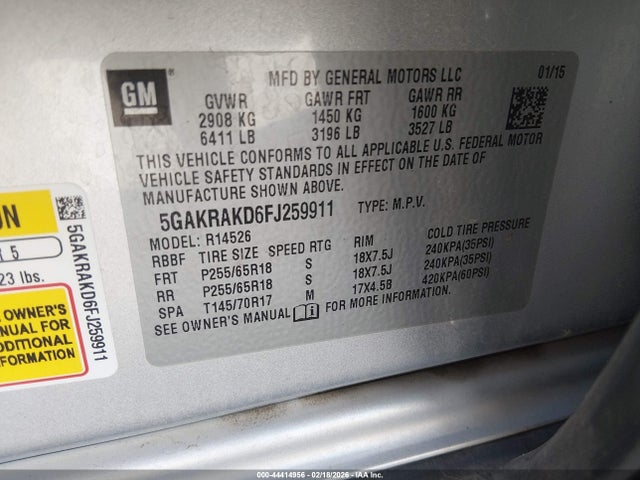 44414956 :رقم المزاد ، 5GAKRAKD6FJ259911 vin ، 2015 Buick Enclave Convenience مزاد بيع