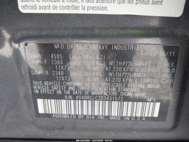 Aukcja sprzedaży 2011 Subaru Outback 2.5i Limited, vin: 4S4BRCLC2B3431572, numer aukcji: 44415003