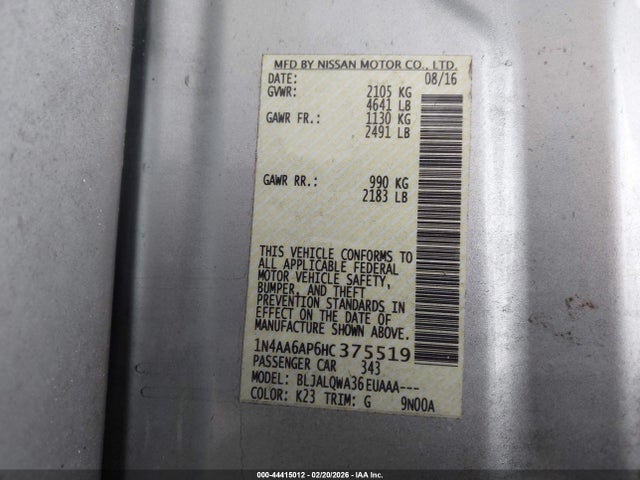 1N4AA6AP6HC375519 Nissan Maxima 3.5 Platinum/3.5 S/3.5 Sl/3.5 Sr/3.5 Sv
