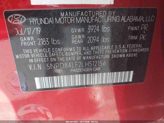 2020 Hyundai Elantra Sel მანქანა იყიდება აუქციონზე, vin: 5NPD84LF2LH512156, აუქციონის ნომერი: 44415037