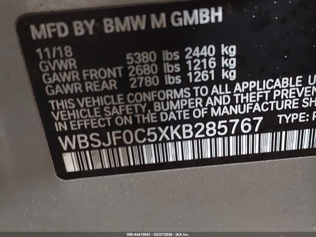 2019 Bmw M5 Competition მანქანა იყიდება აუქციონზე, vin: WBSJF0C5XKB285767, აუქციონის ნომერი: 44415041