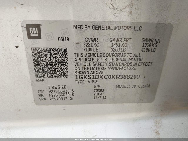 44415043 :رقم المزاد ، 1GKS1DKC0KR388290 vin ، 2019 Gmc Yukon Slt Standard Edition مزاد بيع