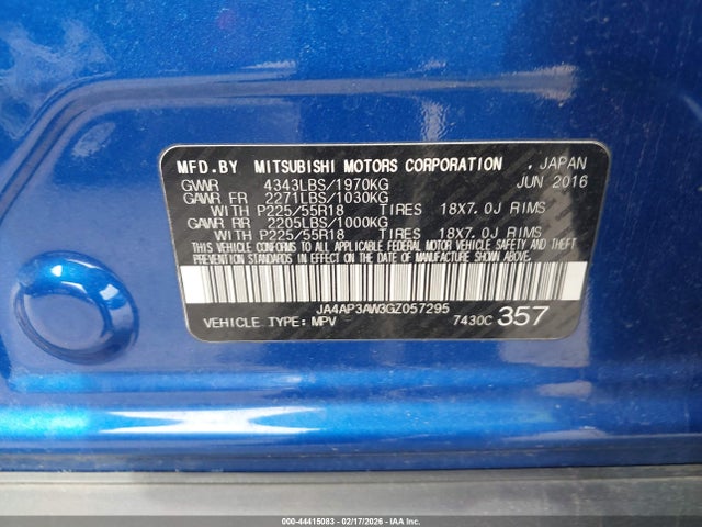 44415083 :رقم المزاد ، JA4AP3AW3GZ057295 vin ، 2016 Mitsubishi Outlander Sport 2.4 Se مزاد بيع