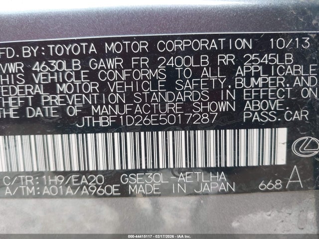 Aukcja sprzedaży 2014 Lexus Is 250, vin: JTHBF1D26E5017287, numer aukcji: 44415117