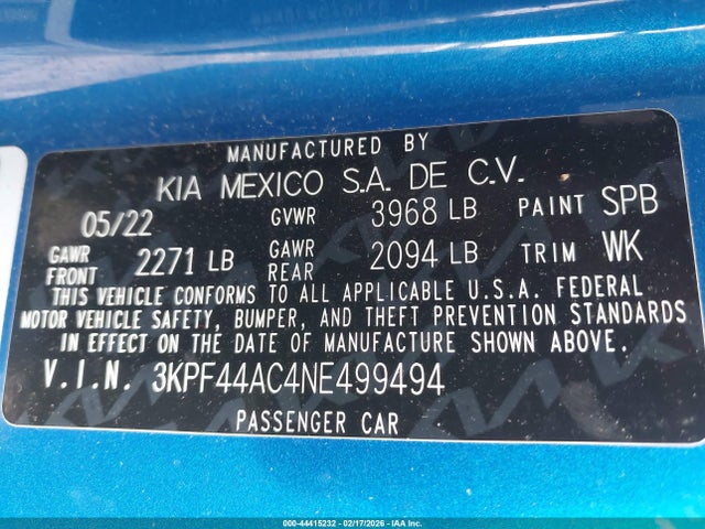 Продаж на аукціоні авто 2022 Kia Forte Gt, vin: 3KPF44AC4NE499494, номер лоту: 44415232