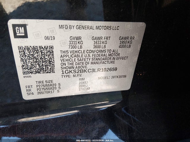 44415233 :رقم المزاد ، 1GKS2BKC3LR102659 vin ، 2020 Gmc Yukon 4wd Slt مزاد بيع