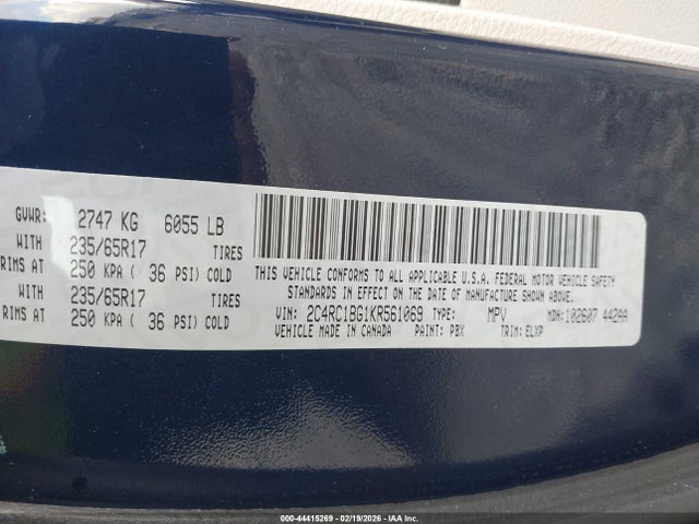 Продаж на аукціоні авто 2019 Chrysler Pacifica Touring L, vin: 2C4RC1BG1KR561069, номер лоту: 44415269