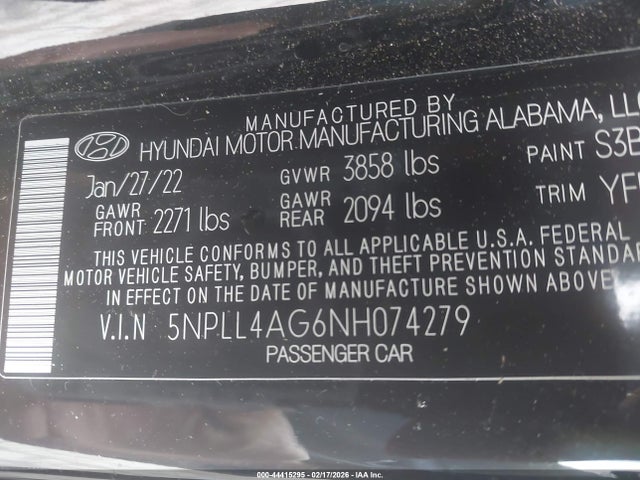 5NPLL4AG6NH074279 Hyundai ELANTRA SE