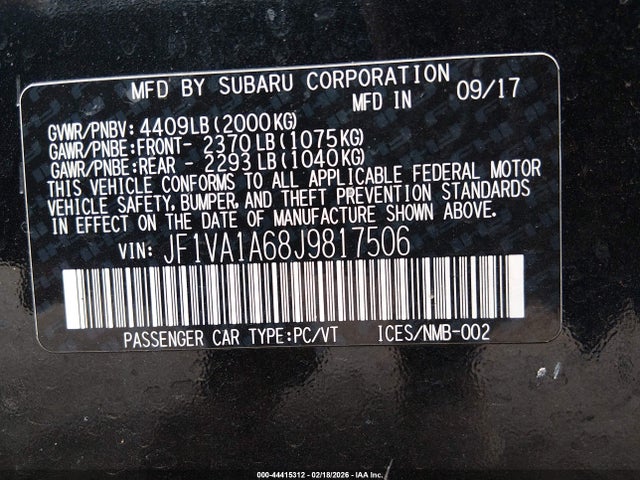 44415312 :رقم المزاد ، JF1VA1A68J9817506 vin ، 2018 Subaru Wrx مزاد بيع