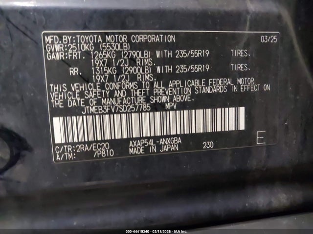 44415340 :رقم المزاد ، JTMEB3FV7SD257785 vin ، 2025 Toyota Rav4 Plug-in Hybrid Xse مزاد بيع