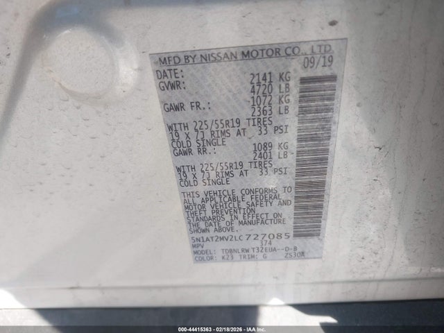 44415363 :رقم المزاد ، 5N1AT2MV2LC727085 vin ، 2020 Nissan Rogue Sl Intelligent Awd مزاد بيع