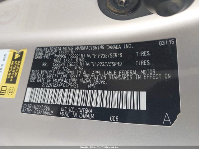 44415391 :رقم المزاد ، 2T2ZK1BA4FC186424 vin ، 2015 Lexus Rx 350 مزاد بيع