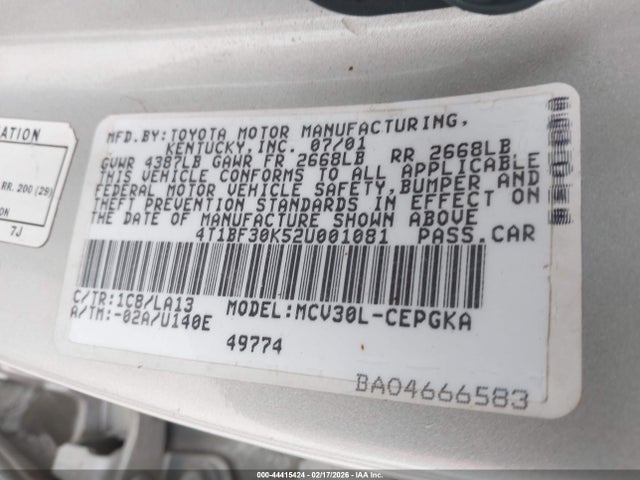 2002 Toyota Camry Xle V6 მანქანა იყიდება აუქციონზე, vin: 4T1BF30K52U001081, აუქციონის ნომერი: 44415424