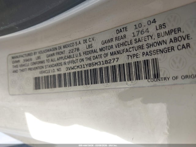 44415436 :رقم المزاد ، 3VWCM31Y85M318277 vin ، 2005 Volkswagen New Beetle Gls مزاد بيع