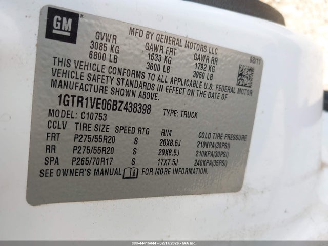 44415444 :رقم المزاد ، 1GTR1VE06BZ438398 vin ، 2011 Gmc Sierra 1500 Sle مزاد بيع