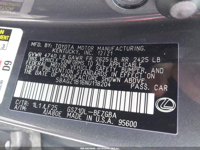 2022 Lexus Es 350 F Sport მანქანა იყიდება აუქციონზე, vin: 58AGZ1B16NU118204, აუქციონის ნომერი: 44415445