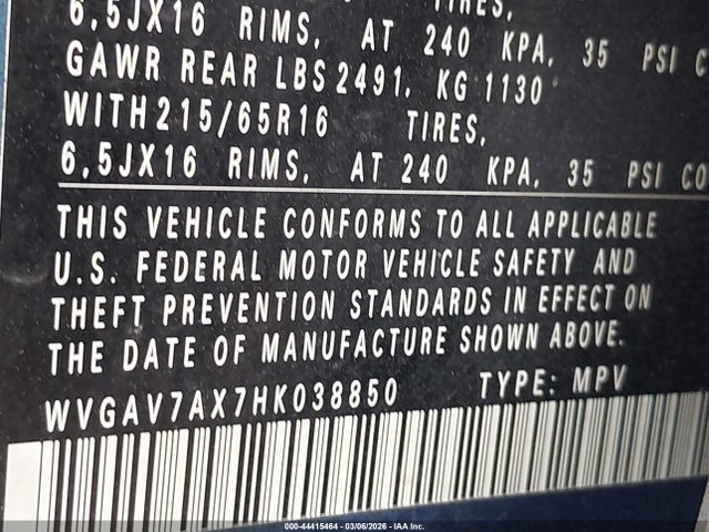 44415464 :رقم المزاد ، WVGAV7AX7HK038850 vin ، 2017 Volkswagen Tiguan مزاد بيع