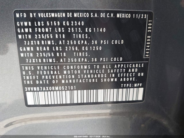 3VVNB7AX0RM052101 Volkswagen Tiguan 2.0t Se/2.0t Wolfsburg Edition