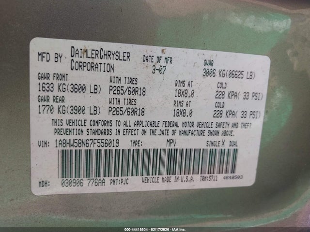 Auction sale of the 2007 Chrysler Aspen Limited, vin: 1A8HW58N67F556019, lot number: 44415504