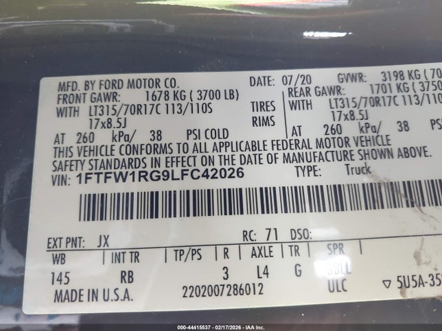 1FTFW1RG9LFC42026 Ford F-150 Raptor
