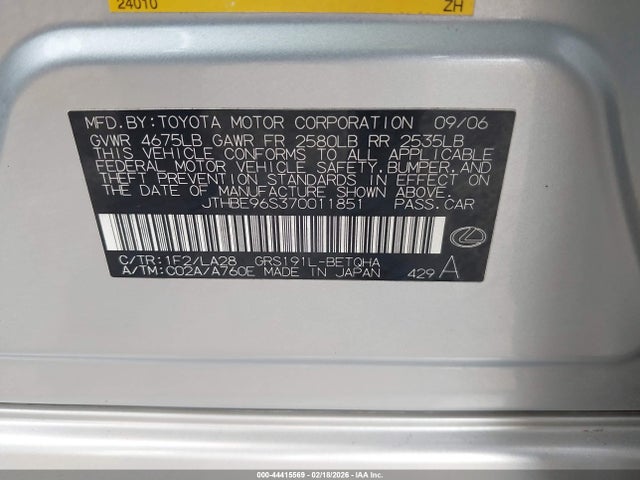 Aukcja sprzedaży 2007 Lexus Gs 350, vin: JTHBE96S370011851, numer aukcji: 44415569