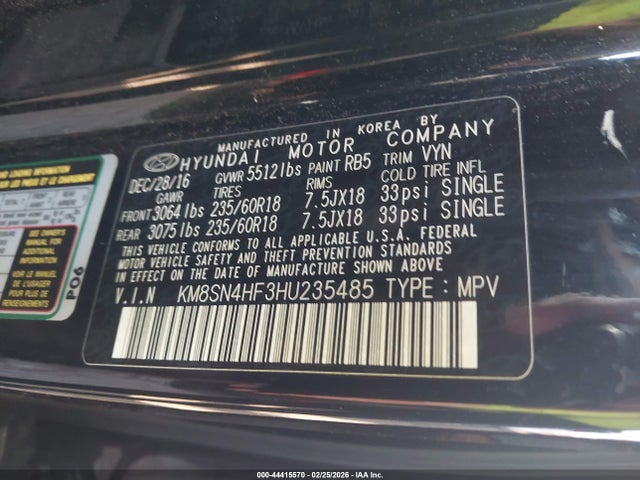 KM8SN4HF3HU235485 Hyundai Santa Fe Se