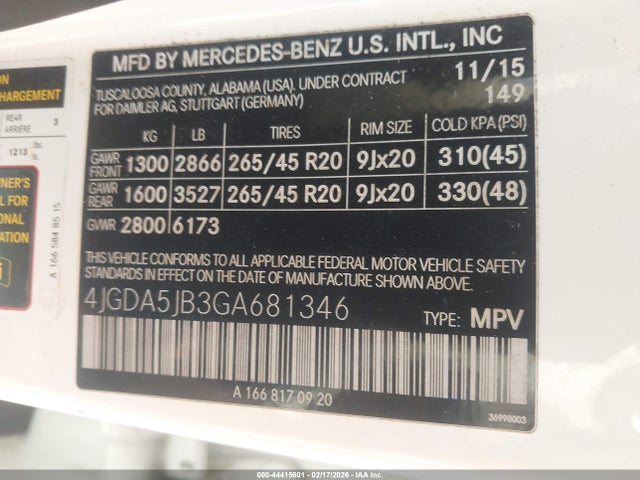 44415601 :رقم المزاد ، 4JGDA5JB3GA681346 vin ، 2016 Mercedes-benz Gle 350 مزاد بيع
