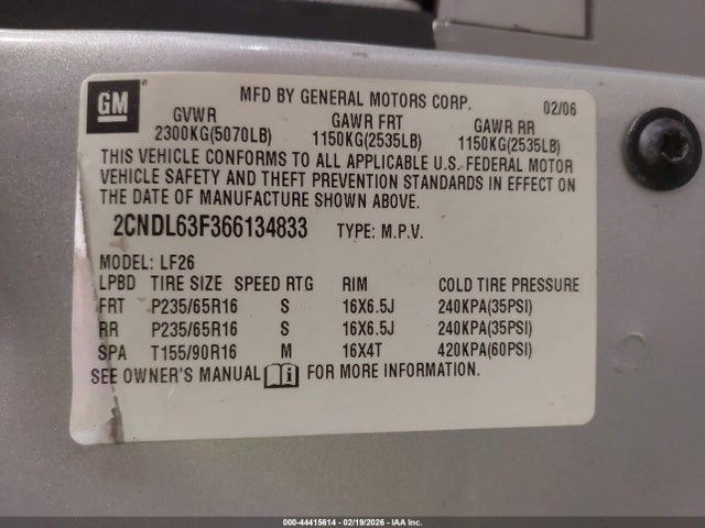 Продаж на аукціоні авто 2006 Chevrolet Equinox Lt, vin: 2CNDL63F366134833, номер лоту: 44415614
