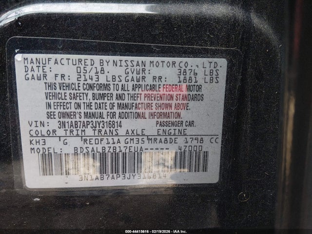 3N1AB7AP3JY316814 Nissan SENTRA S