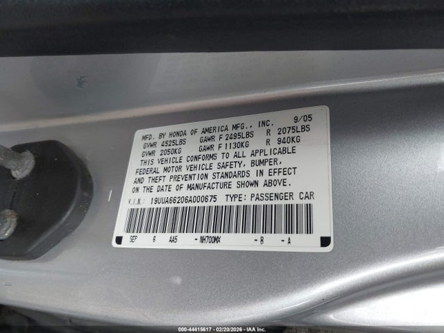 44415617 :رقم المزاد ، 19UUA66206A000675 vin ، 2006 Acura Tl مزاد بيع