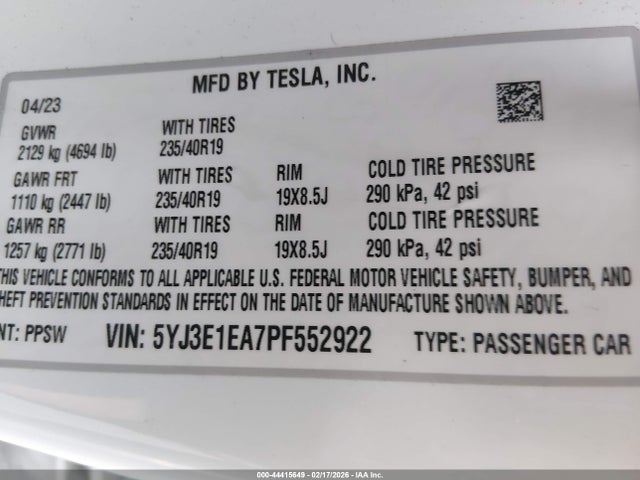 44415649 :رقم المزاد ، 5YJ3E1EA7PF552922 vin ، 2023 Tesla Model 3 Rear-wheel Drive مزاد بيع