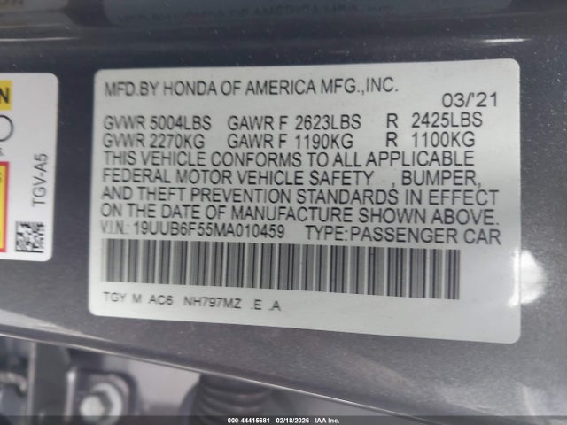 44415681 :رقم المزاد ، 19UUB6F55MA010459 vin ، 2021 Acura Tlx A-spec Package مزاد بيع