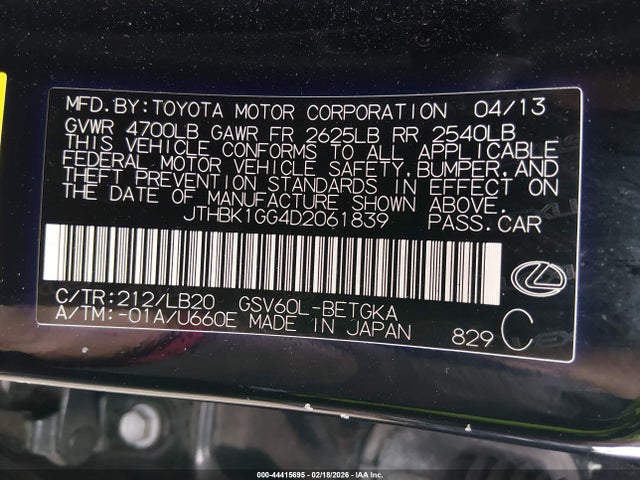 Aukcja sprzedaży 2013 Lexus Es 350, vin: JTHBK1GG4D2061839, numer aukcji: 44415695