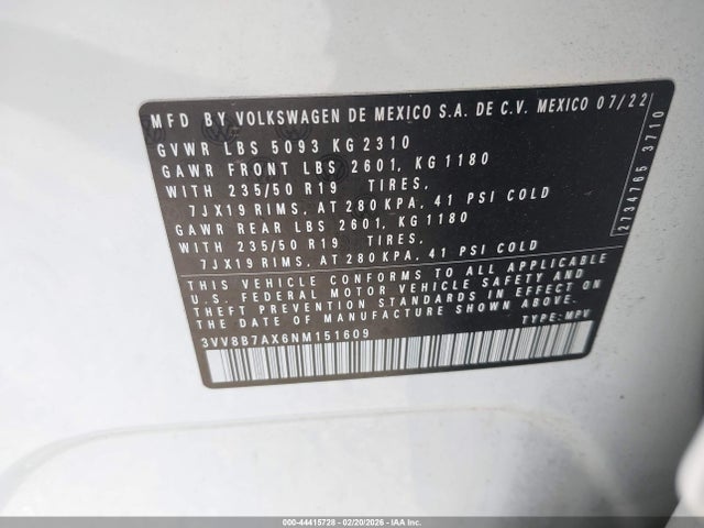 2022 Volkswagen Tiguan 2.0t Se R-line Black მანქანა იყიდება აუქციონზე, vin: 3VV8B7AX6NM151609, აუქციონის ნომერი: 44415728